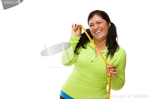 Image of Hispanic Woman In Workout Clothes with Tape Measure