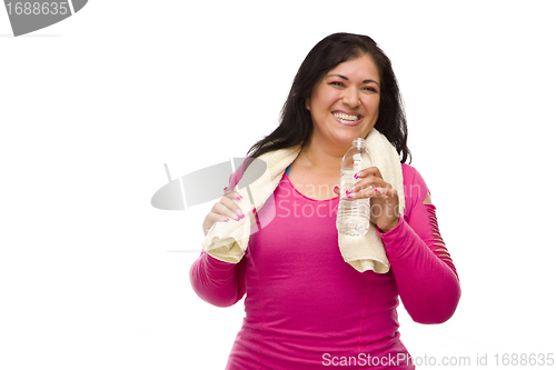 Image of Hispanic Woman In Workout Clothes with Water and Towel