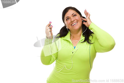 Image of Hispanic Woman In Workout Clothes with Music Player and Headphon