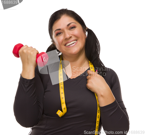 Image of Hispanic Woman with Tape Measure Lifting Dumbbell