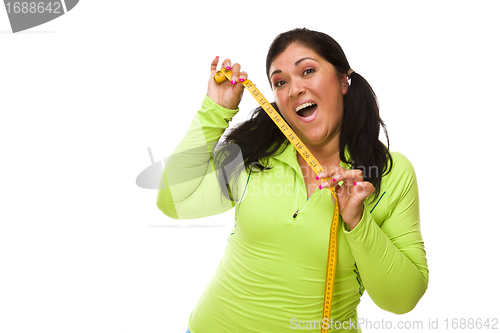 Image of Hispanic Woman In Workout Clothes with Tape Measure