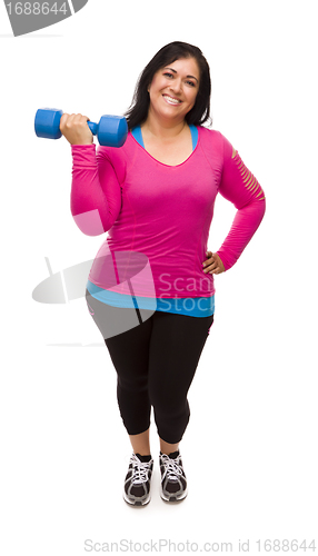 Image of Hispanic Woman In Workout Clothes Lifting Dumbbell