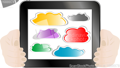 Image of Woman hand holding tablet pc with abstract cloud