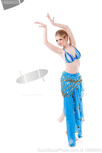 Image of  belly dancer girl in blue isolated on white 