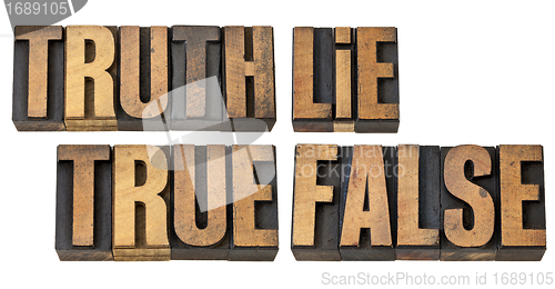 Image of truth, lie, true and false in wood type