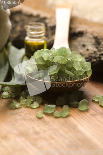 Image of Aloe vera with bath salt and massage oil