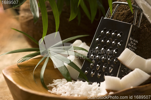 Image of Grated coconut with grater and nut 