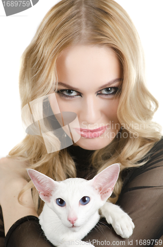 Image of woman with oriental shorthair cat