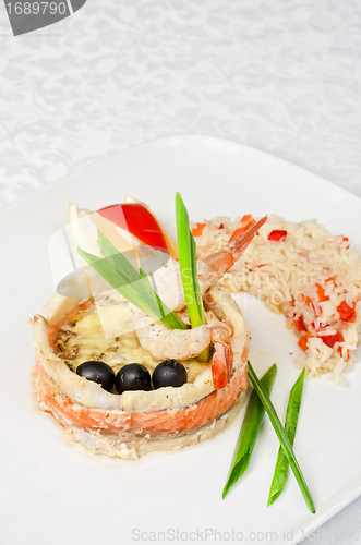 Image of fish with rice and vegetables