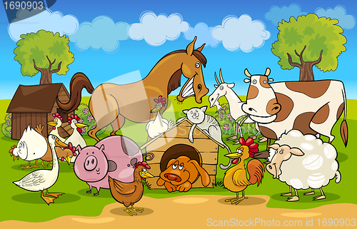 Image of cartoon rural scene with farm animals