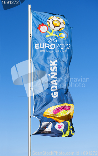 Image of GDANSK, POLAND - MAY 1: A flag with the official logo for UEFA EURO 2012, Gdansk, Poland, May 1, 2012
