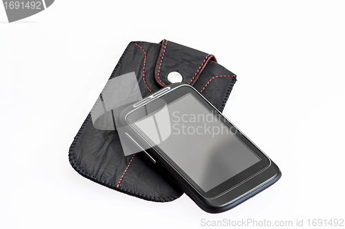 Image of smartphone with case on white background