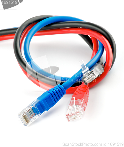 Image of Black, red and blue UTP cords with RJ-45 Connectors 