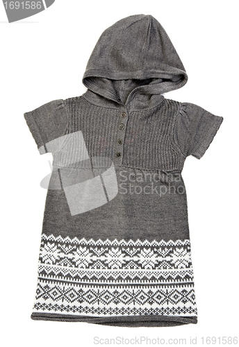 Image of gray knit dress with a hood