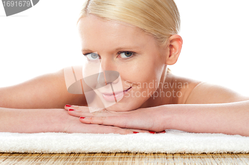 Image of Closeup shot of a pretty cute female at spa