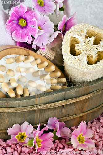 Image of pink flowers brush and sponge for wellness in a beauty spa