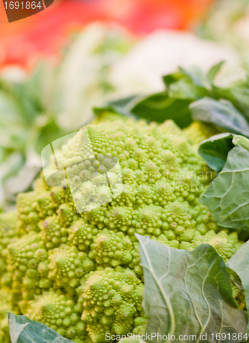 Image of fresh green romanesco on a market closeup