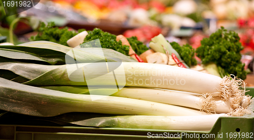 Image of fresh green leek on the market