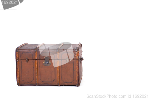 Image of vintage retro brown wooden big chase suitcase isolated on white background