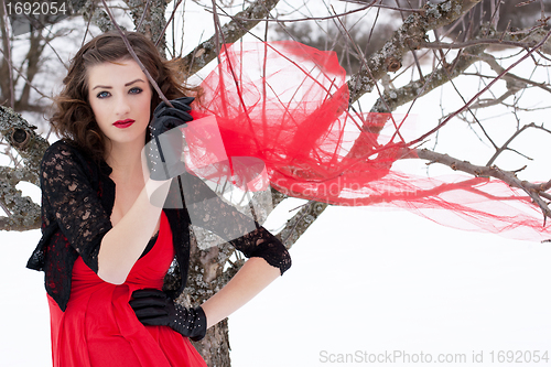 Image of Beautiful woman with dark hair and red lips in white snow