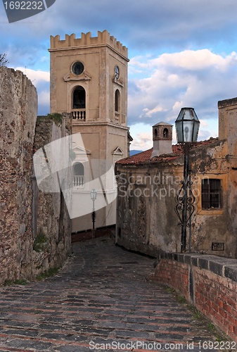 Image of Paved medieval street with church belfry in Savoca village, Sicily, Italy