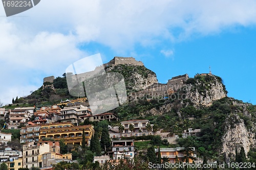 Image of Monte Tauro with Saracen Castle and Santuario Madonna della Rocca above Taormina in Sicily, Italy