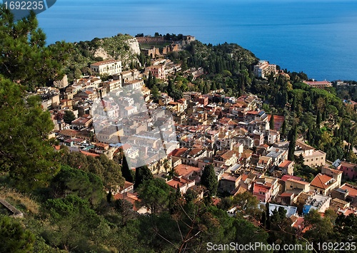 Image of View of Taormina town with Roman theater and sea  from Monte Tauro  in Sicily,Italy