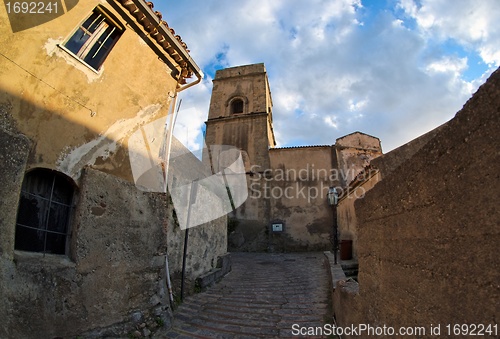 Image of Fisheye view of medieval street  in Savoca, Italy 