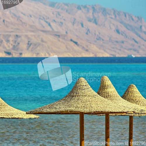 Image of  Umbrellas and Red Sea on mountain background