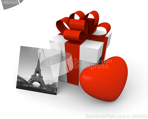 Image of Valentine's Day gift box with a big red heart and Eiffel Tower