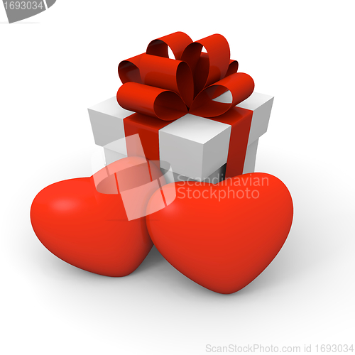 Image of Valentine's Day gift box with two big red hearts