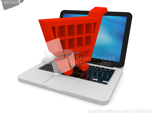 Image of Red shopping trolley on laptop