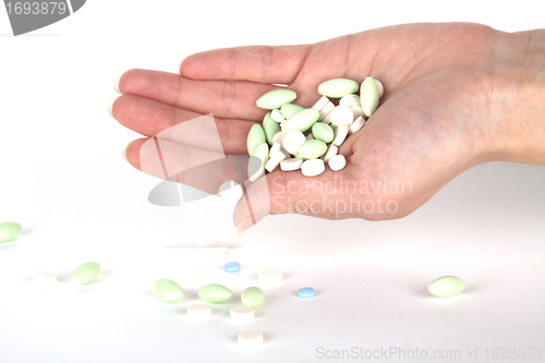 Image of left hand with pills for healthcare