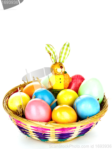 Image of eastern eggs in different colours in a basket with a rabbit