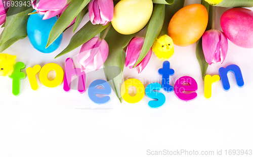 Image of tulip wit eastern eggs a rabbit and letters in different colours