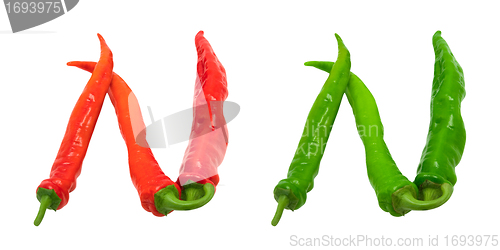 Image of Letter N composed of green and red chili peppers