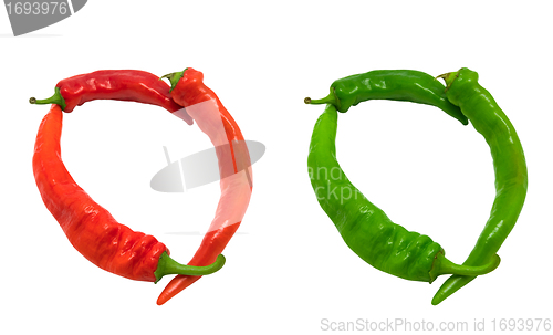 Image of Letter O composed of green and red chili peppers
