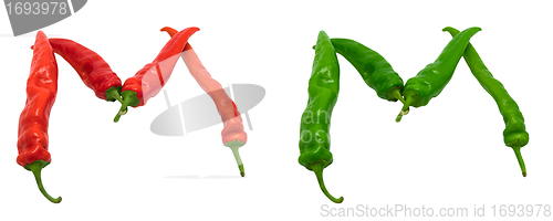 Image of Letter M composed of green and red chili peppers