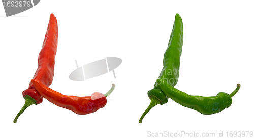 Image of Letter L composed of green and red chili peppers