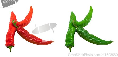 Image of Letter K composed of green and red chili peppers