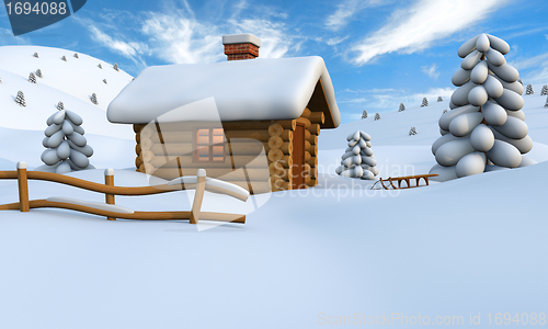 Image of Log cabin in snow