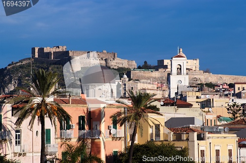 Image of View from sea of Milazzo town in Sicily, Italy, with medieval castle on hilltop