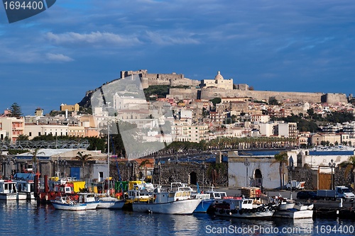 Image of View from sea of Milazzo town in Sicily, Italy, with medieval castle on hilltop