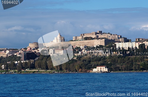 Image of View from sea of Milazzo town in Sicily, Italy, with medieval castle on hilltop