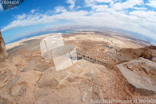Image of Fisheye view of desert landscape under Masada fortress near the Dead Sea