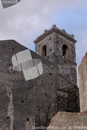 Image of Old church belfry in Savoca village, Sicily, Italy in the evening
