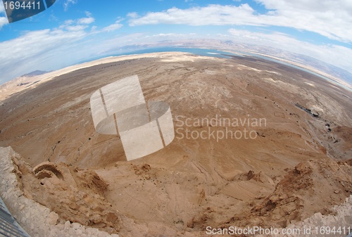 Image of Fisheye view of desert landscape near the Dead Sea seen from Masada fortress