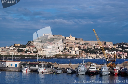 Image of View from sea of Milazzo town in Sicily, Italy, with medieval castle on hilltop