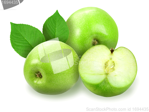 Image of Heap of fresh green apples with green leaf