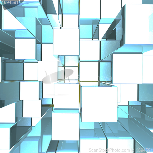 Image of Bright Glowing Blue Metallic Background With Artistic Cubes